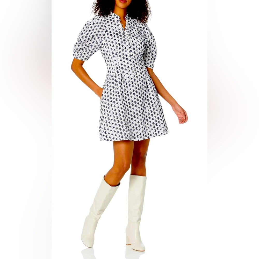 Club Monaco Women's Embroidered Balloon Sleeve Dress, White Base/Blanc, 2